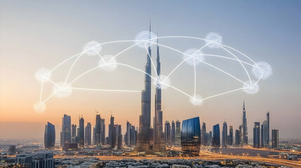 Obraz premium Dubai skyline with interconnected nodes