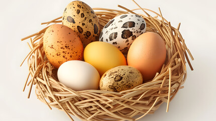 Fototapeta premium easter, egg, holiday, eggs, celebration, basket, food, chicken, brown, isolated, breakfast, group, ingredient, nature, hen, wicker, raw, nest, fresh, organic, healthy, farm, yellow, protein, shell, me