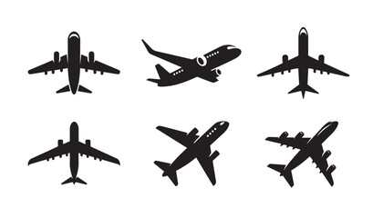 Aeroplane or plane silhouette bundle isolated on white background, logo icon clip art