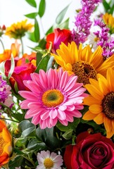Vibrant Bouquet of Fresh Flowers Including Sunflowers, Roses, Daisies, and Colorful Blooms in a Lively Arrangement for Celebrations or Decor