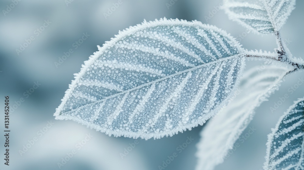 Poster close up of a frost covered leaf, showcasing intricate ice crystals and a soft, muted color palette.