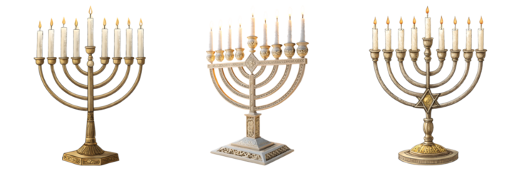 set of Elegant Menorahs with Lit Candles Over a on white or transparent background, png, Symbolizing Hanukkah Traditions