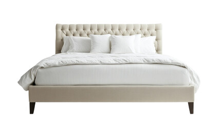 Obraz premium Elegant tufted bed frame with white bedding and pillows in a minimalist setting, perfect for a modern bedroom design