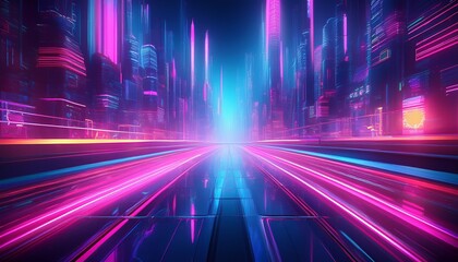 Obraz premium Cyberpunk city lights blurred in neon pink and blue, showcasing a futuristic and tech-inspired aesthetic