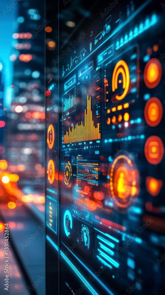 Poster futuristic digital display with glowing orange and blue graphics, showcasing data visualizations aga