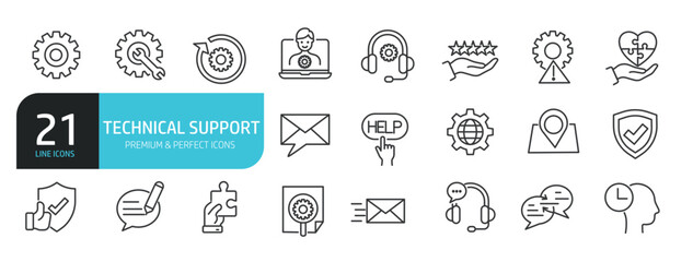 Set of line icons related to technical support, customer service, help. Outline icons collection. Editable stroke. Vector illustration