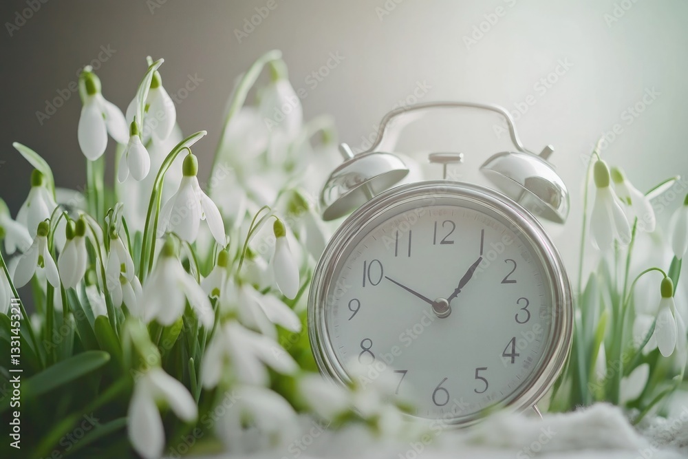 Poster A clock sits on top of a pile of snowdrops, symbolizing the passing of time and new beginnings