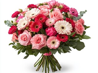 Vibrant Bouquet of Pink and Red Roses, Gerbera Daisies, and Carnations Featuring Fresh Greenery for Celebrations and Special Occasions