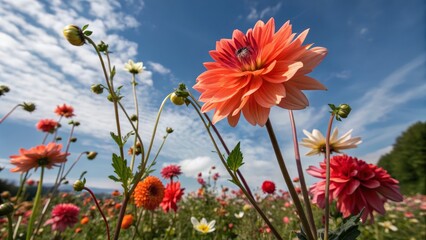 Vibrant Dahlia Flowers Against Blue Sky