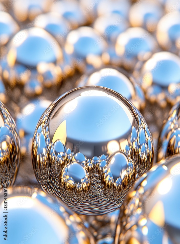 Poster abstract close up of metallic spheres with intricate surface textures, reflecting light, creating a 