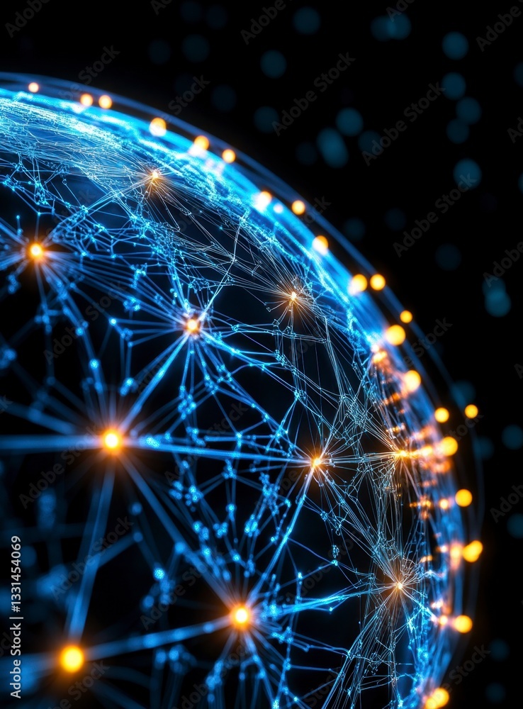 Poster glowing blue network connecting illuminated points on a dark background, depicting global connectivi