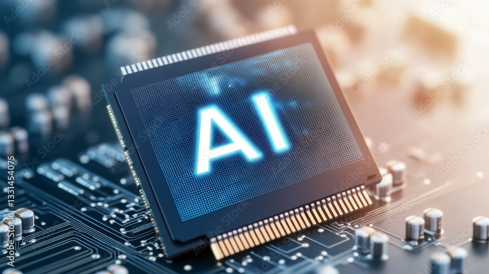Poster close up view of an ai microchip on a circuit board. the chip glows with a blue ai logo. the backgro