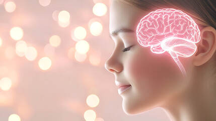 Calm woman with glowing brain illustration, symbolizing mental health and therapy