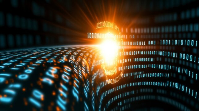 Abstract digital data stream with glowing binary code forming a tunnel effect, warm light source at the center.