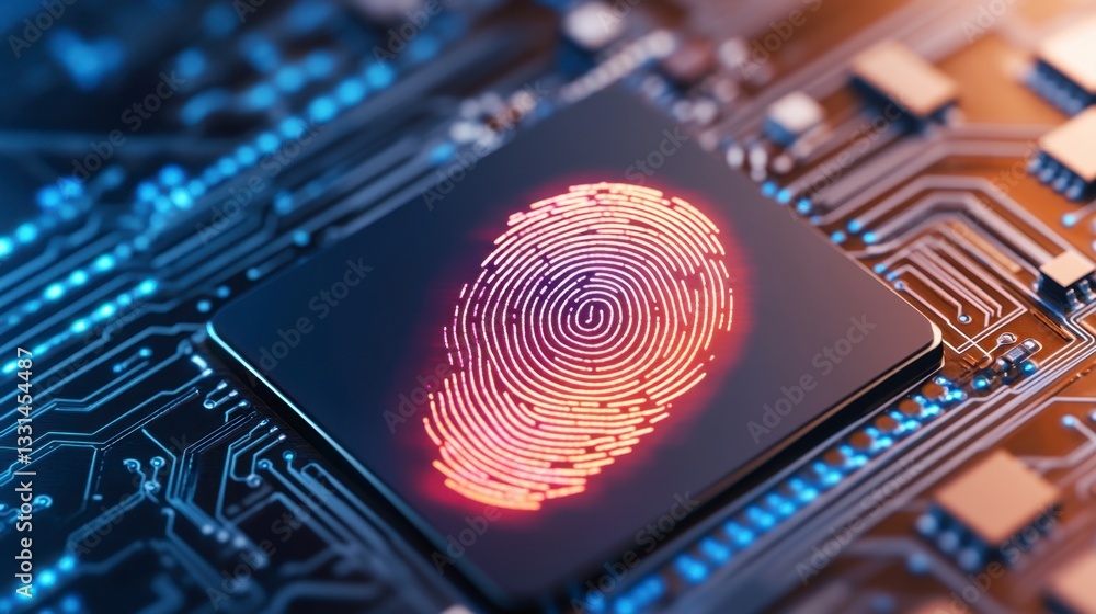 Poster close up view of a glowing orange fingerprint on a dark circuit board. the image is sharp and detail
