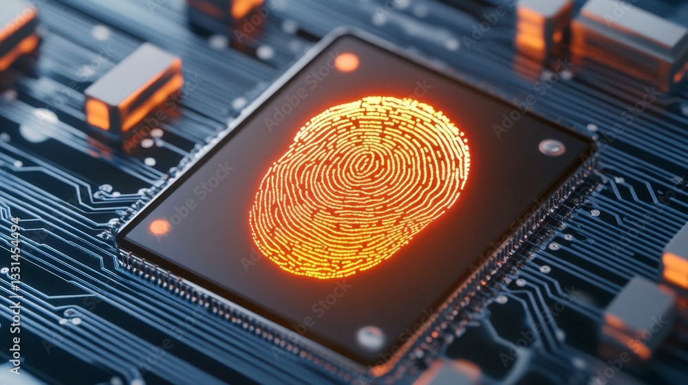 Poster close up view of a glowing orange fingerprint displayed on a dark blue circuit board. the image emph