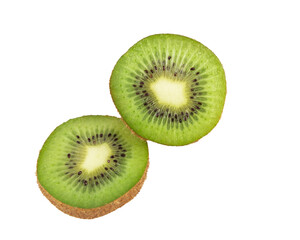 Close-up of half a halved kiwi with a slice on the side on a transparent background. Vibrant green color, detail of juicy texture and seeds. Concept of freshness, health and natural food. PNG format