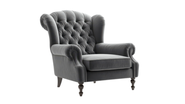 Elegant grey tufted armchair in a modern living space designed for comfort and style