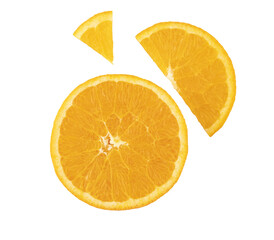 Top view of a halved orange, a slice and a wedge isolated on transparent background, highlighting its bright color and juicy texture. Fruit and food concept. PNG format