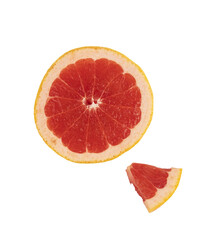 Overhead view of a slice and a wedge of fresh red grapefruit isolated on transparent background. Fruit and food concept. PNG format