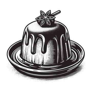 recommend clip art: Classic rum baba with dripping syrup and star anise in minimalist woodcut style