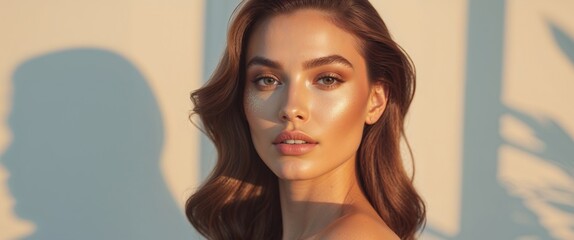 Brunette model showing off her glowing summer makeup in warm sunlight.