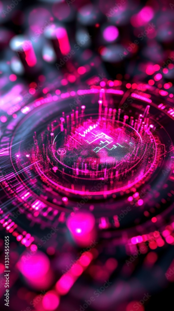 Poster abstract digital art depicting a glowing pink and purple circular interface with intricate circuitry