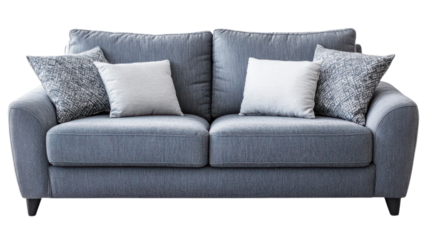 Comfortable light gray sofa with decorative pillows in a modern living room setting