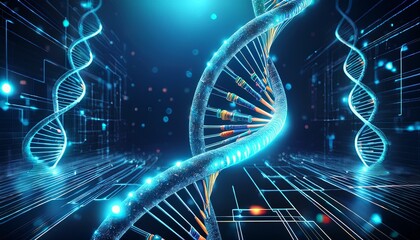 DNA strand floating in a high-tech medical lab, representing a futuristic biotechnology and genetic research background