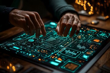 Hands touch digital display over wooden table