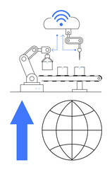 Robotic arms assembling products on a conveyor belt connected to a cloud system and wireless. Globe and blue arrow symbolize progress, global reach, and technology innovation. Ideal for automation