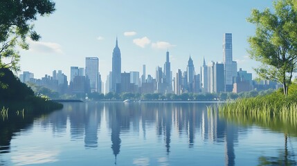 Obraz premium Serene new york skyline at sunrise with reflections high resolution picture