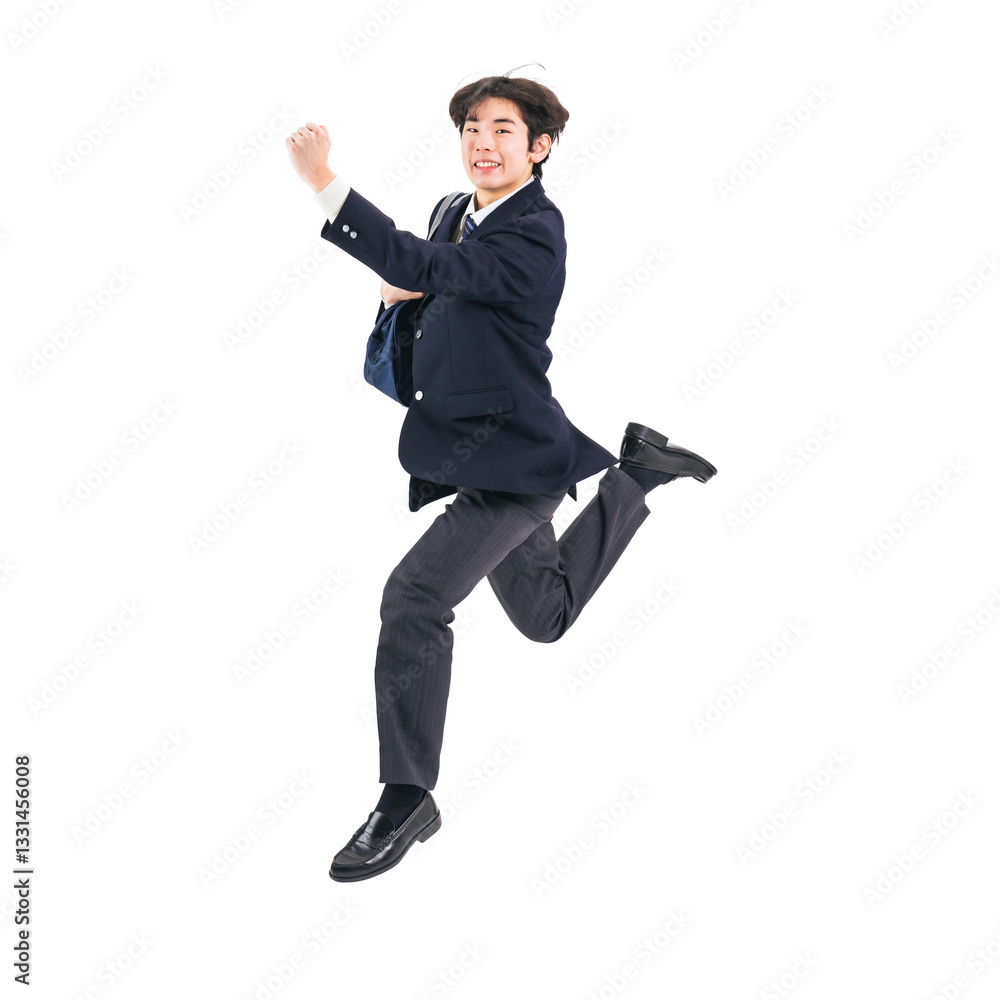 Aufkleber ジャンプする制服を着た男子学生　手作業で精密に切り抜いた背景透過全身写真png