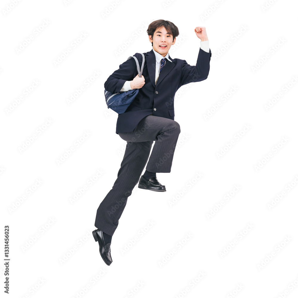 Poster ジャンプする制服を着た男子学生　手作業で精密に切り抜いた背景透過全身写真png