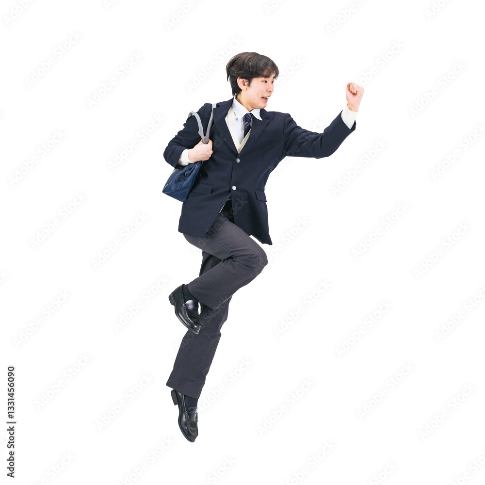 Aufkleber ジャンプする制服を着た男子学生　手作業で精密に切り抜いた背景透過全身写真png