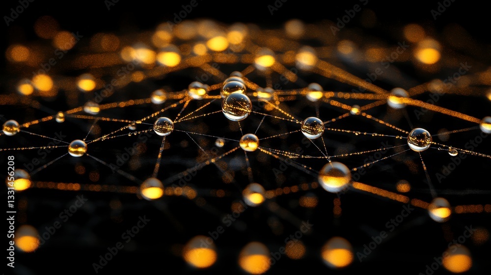Poster water droplets on a spiderweb, illuminated with golden light, creating a network like pattern agains