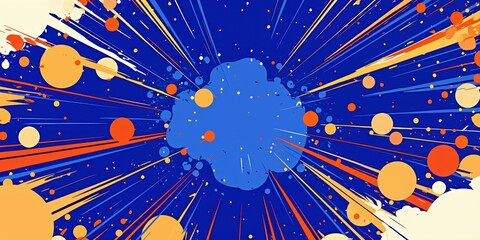 Colorful abstract explosion with dynamic lines and circles radiating in a vibrant blue background designed for creative projects and digital illustrations