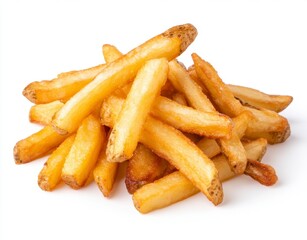 Golden brown french fries, freshly cooked, piled high against a bright white background. Crispy and delicious.