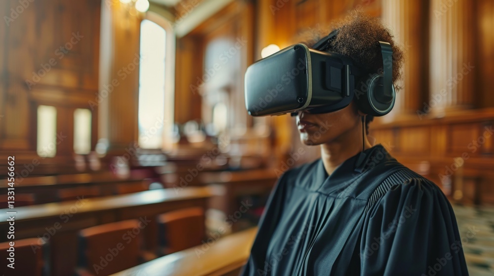 Poster exploring virtual judiciary experiences through augmented reality in a courtroom setting
