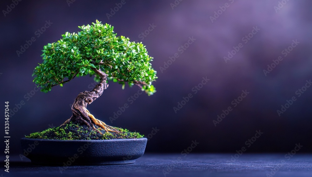 Poster lively and elegant bonsai tree displayed on dark surface with soft lighting creating an atmosphere o
