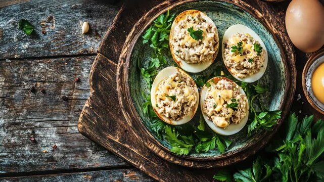 Savory stuffed eggs served on a rustic wooden table with fresh herbs and spices