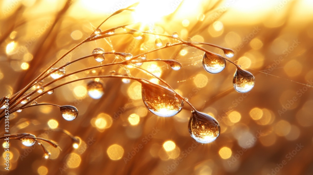 Poster close up of dew drops on grass illuminated by golden sunlight, bokeh effect in background.