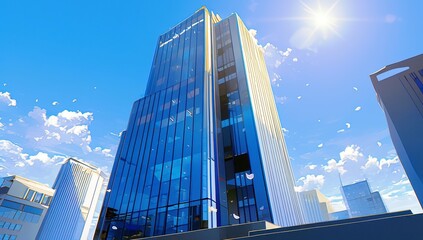 Obraz premium Modern Architectural Marvel Against a Clear Blue Sky Featuring Glass Facades and Gleaming Sunlight with Artistic Cloud Patterns