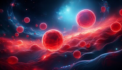 Ethereal blood cells floating in a neon galaxy with cosmic red plasma waves, creating a surreal digital painting