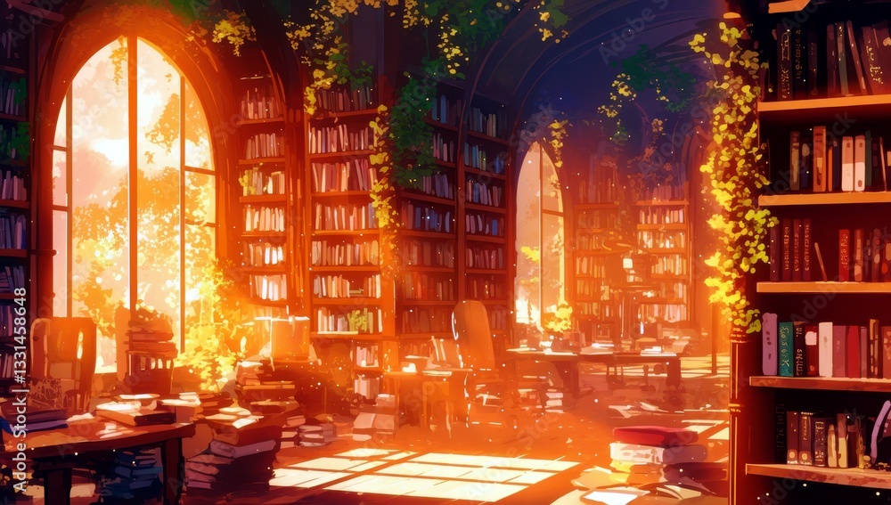 Poster serene library interior with sunlight filtering through arched windows and lush greenery creating a 