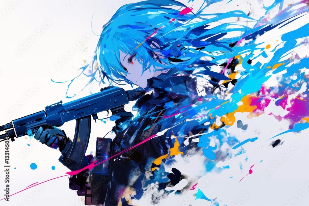 Poster dynamic artistic representation of a character with blue hair brandishing a weapon surrounded by col