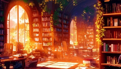 Obraz premium Serene Library Interior with Sunlight Filtering Through Arched Windows and Lush Greenery Creating a Tranquil Reading Environment