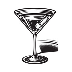 Minimalist woodcut illustration of a martini glass with olive on white background