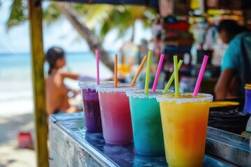 Beach stall serving colorful tropical drinks with straws, vibrant.