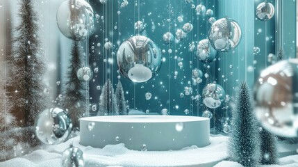 3 boyutlu render kış platformu ve doğal mockup arka planı, buz dağı'ndaki Snow podyumu, ürün standları için Backdrop gökyüzü ve bulut, reklam, kozmetik cilt bakımı vb